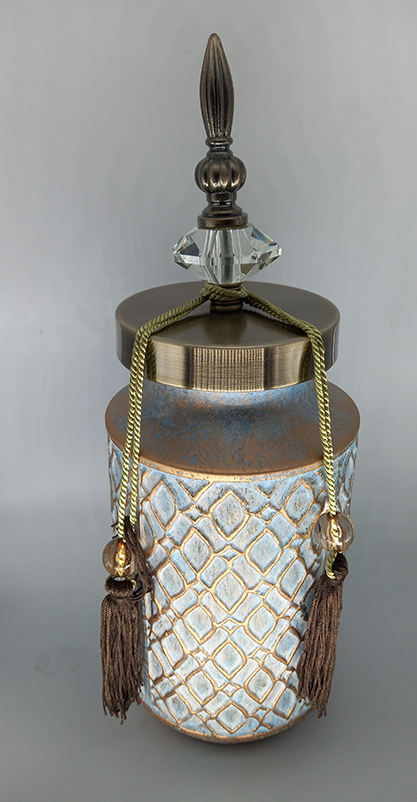 Κεραμικό Βάζο Τζαρ Στρογγυλό Μπλέ/Χρυσό Και Καπάκι/Φούντα 13.5x13.5x38cm