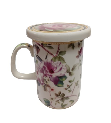 Πορσελάνινη Κούπα Με Καπάκι Pink With Fowers Image 380ml