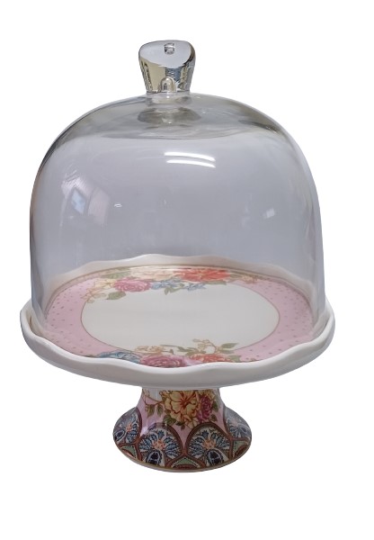 Τουρτιέρα Με Γυάλινο Καπάκι Και Πόδι Floral Pink Garden 22x21cm