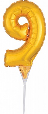Number Gold, Number 9 foil balloon for cake 15 cm