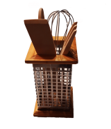 Σετ Εργαλεία Κουζίνας Mεταλλικό Νickel Σε Ξύλινη Βάση