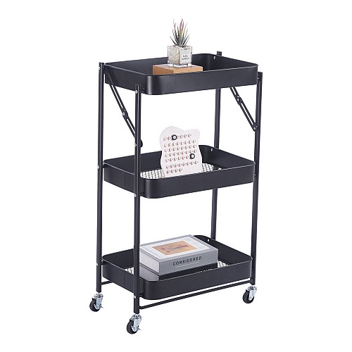 Αναδιπλούμενο Μεταλλικό Τρόλεϊ Αποθήκευσης με 3 Καλάθια & Ρόδες Μάυρο χρώμα 46x29x77εκ. Ankor 852994