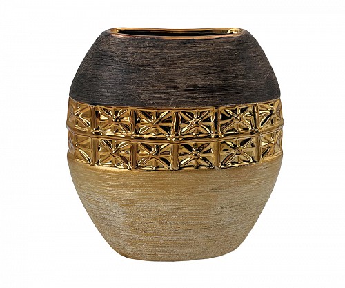 Βάζο πλακέ κεραμικό Καφέ/Χρυσό 23x8x25εκ