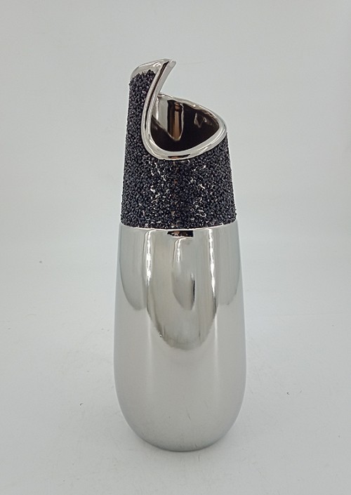 Διακοσμητικό Ασημί Κεραμικό Βάζο Με Μαύρα Στρας 12.3x12.3x32cm