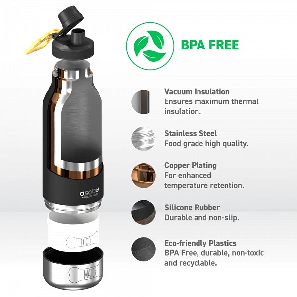 Asobu Buddy Bottle 3 σε 1 Μπουκάλι Θερμός Με Μπωλ Φαγητού και Νερού για κατοικίδιο Ανοξείδωτο  1000ml