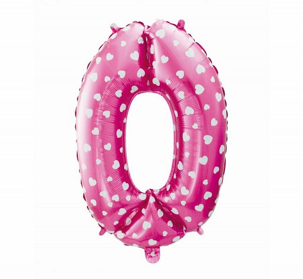Number Pink with Hearts, Pink 0-shaped foil balloon 61 cm