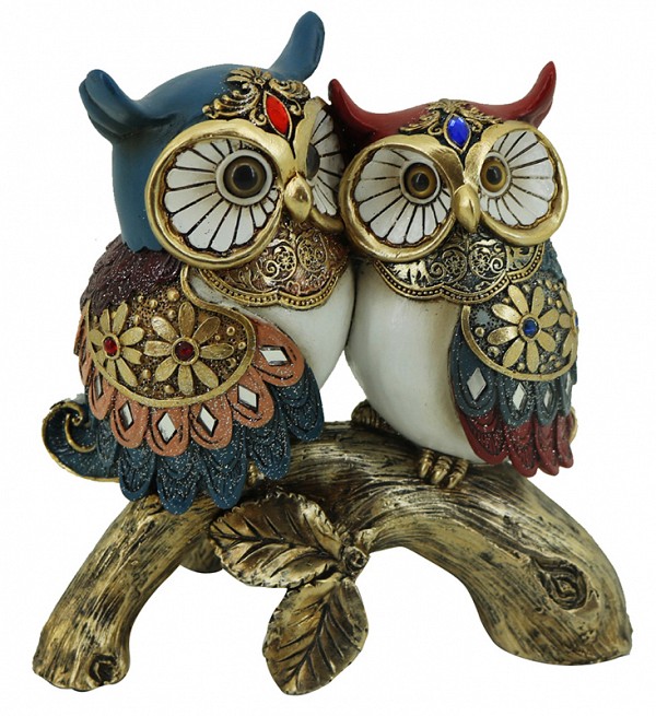 Επιτραπέζια Διακοσμητική Polyresin Κουκουβάγια Ζευγάρι Σε Κορμό Δέντρου 17x8.5x17εκ