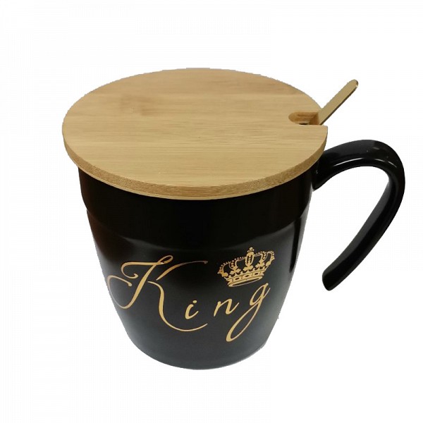 Κούπα Κεραμική 380ml με Μπαμπού Καπάκι και Κουταλάκι Μαύρο με Χρυσό king