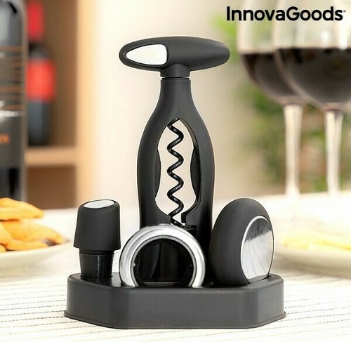 InnovaGoods Σετ Αξεσουάρ Κρασιού Καπάκι Ανοιχτήρι, Δαχτυλίδι Κατά Του Σταξίματος, Ανοιχτήρι Μπουκαλιών Κρασιού, Δίσκος Στήριξης V0103143 5τμχ