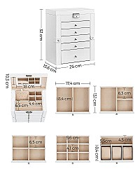 Songmics Κουτί Αποθήκευσης Κοσμημάτων 6 Επιπέδων με Καθρέπτη και Κλειδαριά - White - JBC152W01
