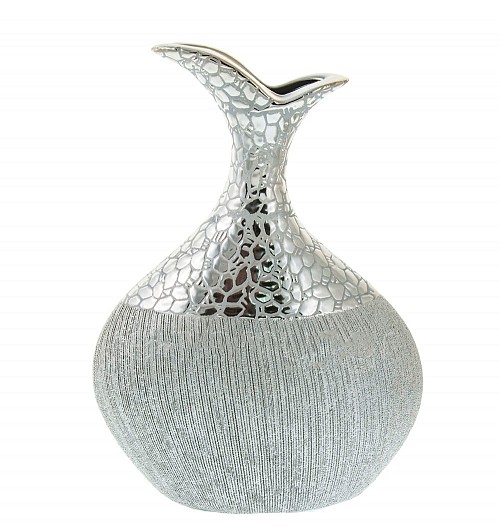 Βάζο Κεραμικό Ασημί Στρογγυλό με Στενό Λαιμό Σφυρήλατο