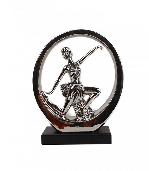 Χορεύτρια ασημί κεραμική διακοσμητική σε μαύρη βάση μέσα σε κύκλο LM