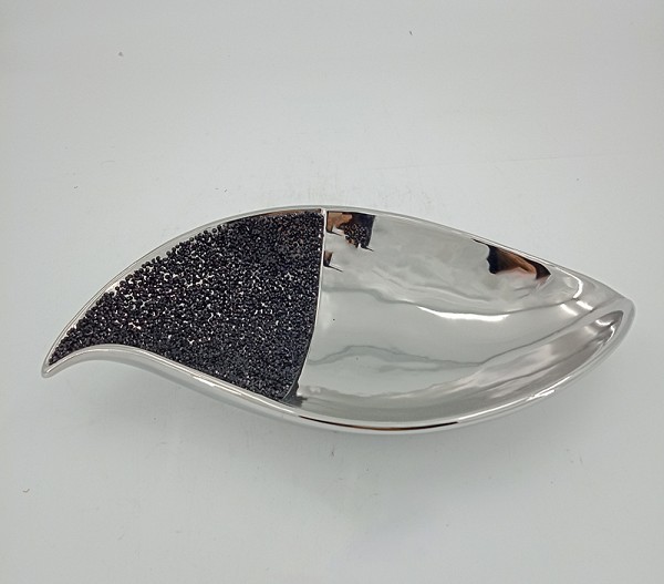 Πιατέλα Κεραμική Ασημί με διακοσμητικά μαύρα στρας 36x16.5x8cm