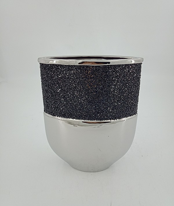 Διακοσμητικό Ασημί Κεραμικό Βάζο Με Μαύρα Στρας 18x8.5x25cm