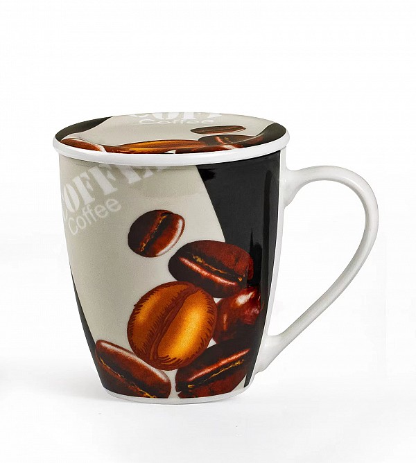 Κούπα Πορσελάνης New Bone 360ml Με Καπάκι Σχέδιο Coffee Βean