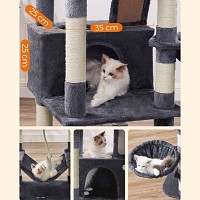 FEANDREA Large Cat Scratching Post M Cat Scratching Post 168 cm High Cat Tree with 13 Scratching Posts 1 Scratching Ramp 2 Platforms 2 Caves Basket Hammock Pompoms for Large Cats Smoke Grey