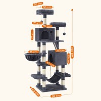 FEANDREA Large Cat Scratching Post M Cat Scratching Post 168 cm High Cat Tree with 13 Scratching Posts 1 Scratching Ramp 2 Platforms 2 Caves Basket Hammock Pompoms for Large Cats Smoke Grey