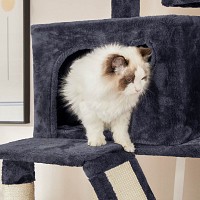 FEANDREA Cat Tree, 206 cm Large Cat Tower with 13 Scratching Posts, 1 Scratching Ramp, 2 Perches, 2 Caves, Basket, Hammock, Pompoms, Multi-Level Plush Cat Condo for Indoor Cats, Smoky Grey