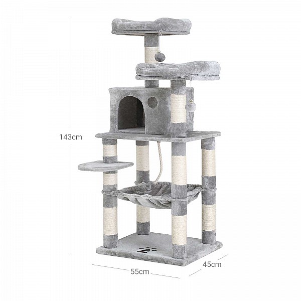 FEANDREA Cat Tree, Stable Cat Tower, 2 Plush Perches, 143cm, Light Grey PCT15W