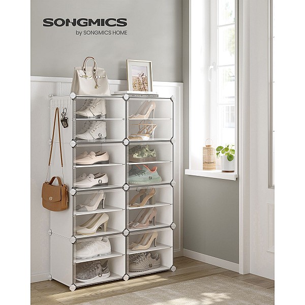 SONGMICS Shoe Rack, 8-Cube Shoe Organizer with Doors, 32 Pairs Plastic Shoe Storage Cabinet, for Bedroom, Entryway, Steel Frame, Plastic Panel, White