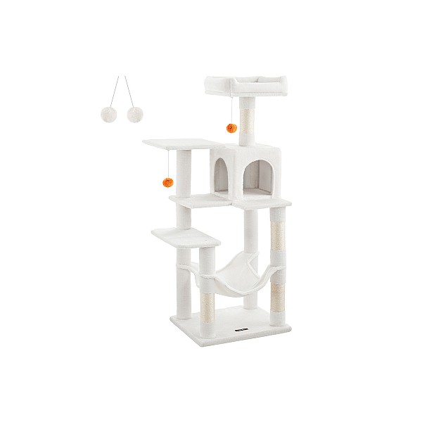 Feandrea Cat Tree, 143 cm Cat Tower for Indoor Cats, Multi-Level Plush Cat Condo with 4 Scratching Posts, 2 Perches, Cave, Hammock, Pompoms, Cream White PCT161T01