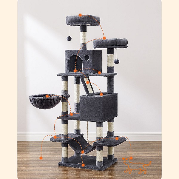 FEANDREA Large Cat Scratching Post M Cat Scratching Post 168 cm High Cat Tree with 13 Scratching Posts 1 Scratching Ramp 2 Platforms 2 Caves Basket Hammock Pompoms for Large Cats Smoke Grey