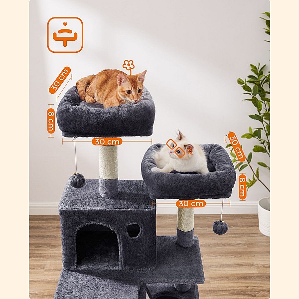FEANDREA Large Cat Scratching Post M Cat Scratching Post 168 cm High Cat Tree with 13 Scratching Posts 1 Scratching Ramp 2 Platforms 2 Caves Basket Hammock Pompoms for Large Cats Smoke Grey