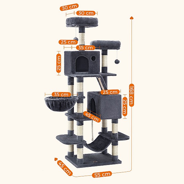 FEANDREA Large Cat Scratching Post M Cat Scratching Post 168 cm High Cat Tree with 13 Scratching Posts 1 Scratching Ramp 2 Platforms 2 Caves Basket Hammock Pompoms for Large Cats Smoke Grey