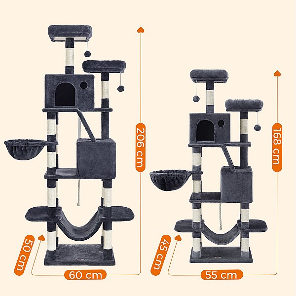 FEANDREA Large Cat Scratching Post M Cat Scratching Post 168 cm High Cat Tree with 13 Scratching Posts 1 Scratching Ramp 2 Platforms 2 Caves Basket Hammock Pompoms for Large Cats Smoke Grey