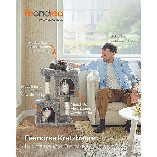 Feandrea Cat Tree, 74 cm Cat Tower, M, Cat Condo for Medium Cats up to 5 kg, Large Cat Perch, 2 Cat Caves, Scratching Post, Light Grey PCT612W01