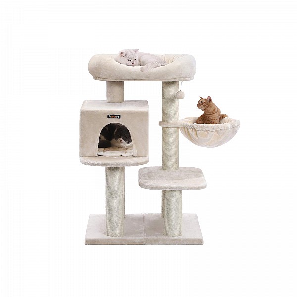 FEANDREA Cat Tree, Cat Tower with XXL Plush Perch, Cat Condo with Adjustable Units, Cat Toys, Extra Thick Posts Completely Wrapped in Sisal, Stable, Beige PCT01M