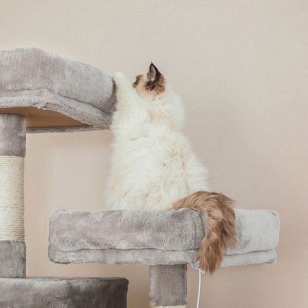 FEANDREA Cat Tree, 206 cm Large Cat Tower with 13 Scratching Posts, 1 Scratching Ramp, 2 Perches, 2 Caves, Basket, Hammock, Pompoms, Multi-Level Plush Cat Condo for Indoor Cats, Light Grey
