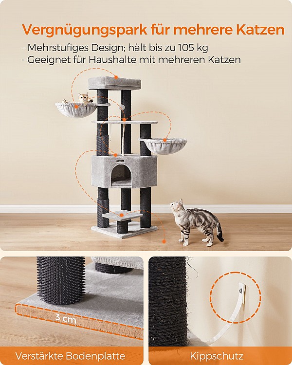 Feandrea Cat Tree for Large Cats, Heavy-Duty Cat Tower with Self-Warming Pads, 2 Self-Groomers, 9 Scratching Posts, Large Perch, Cave, Baskets, 50 x 50 x 160 cm, Dove Grey and Black PCT003W01