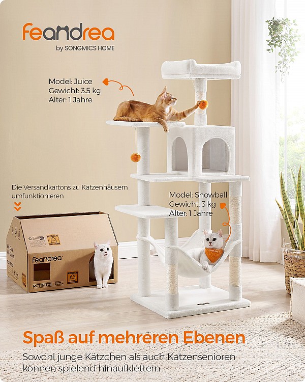 Feandrea Cat Tree, 143 cm Cat Tower for Indoor Cats, Multi-Level Plush Cat Condo with 4 Scratching Posts, 2 Perches, Cave, Hammock, Pompoms, Cream White PCT161T01