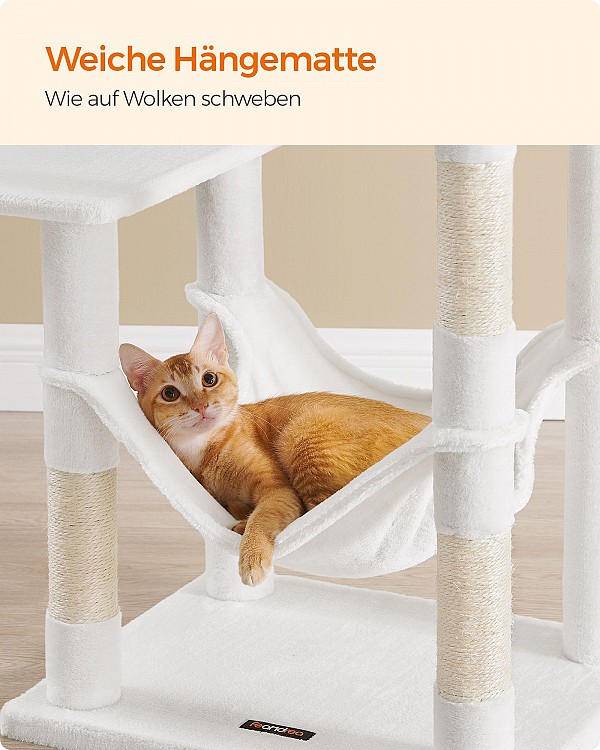 Feandrea Cat Tree, 143 cm Cat Tower for Indoor Cats, Multi-Level Plush Cat Condo with 4 Scratching Posts, 2 Perches, Cave, Hammock, Pompoms, Cream White PCT161T01