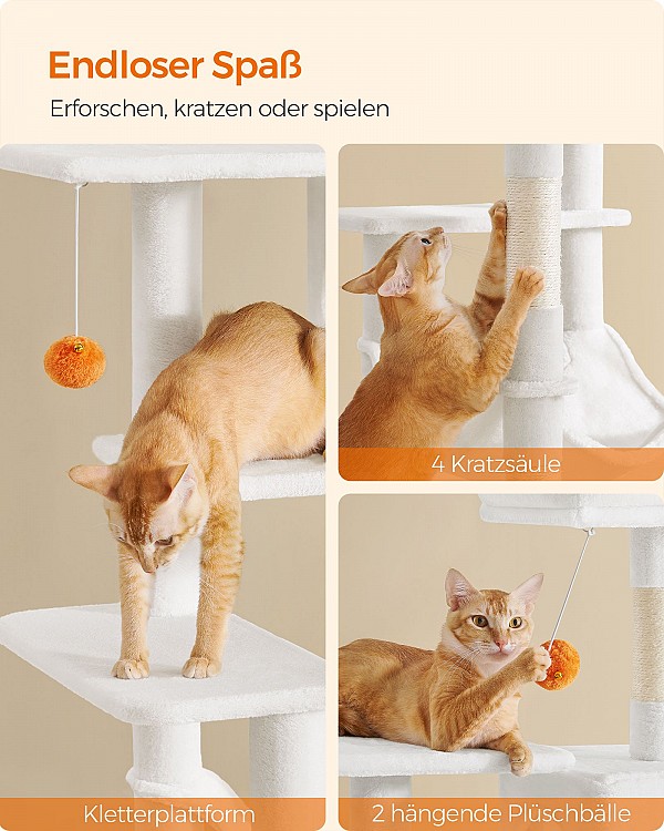 Feandrea Cat Tree, 143 cm Cat Tower for Indoor Cats, Multi-Level Plush Cat Condo with 4 Scratching Posts, 2 Perches, Cave, Hammock, Pompoms, Cream White PCT161T01