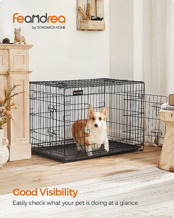 FEANDREA Dog Crate, Foldable, 92.5 cm Long, 2 Doors, L, Black PPD36H