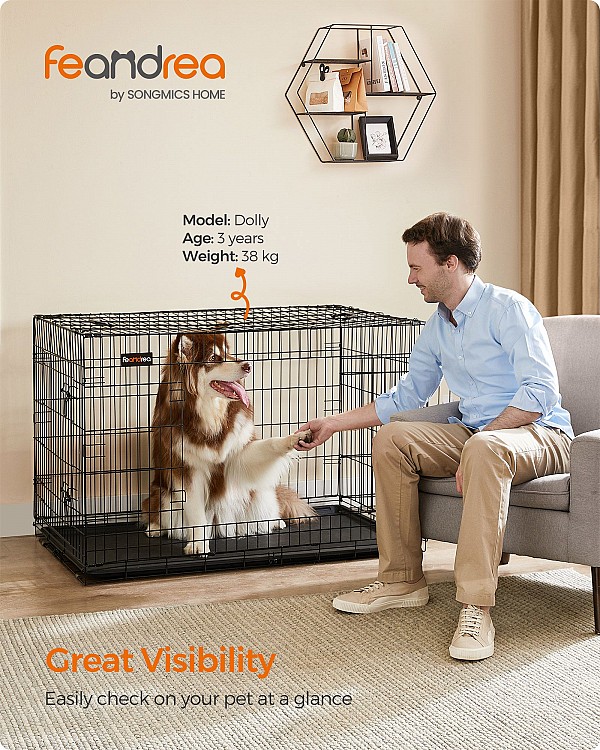 FEANDREA Dog Crate, Foldable, 122 cm Long, 2 Doors, XXL, Black PPD48H