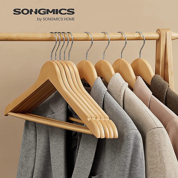 SONGMICS Wooden Hangers, Set of 10, Coat Hangers, Clothes Hangers, with Shoulder Notches, Anti-Slip Trousers Bar, 360° Swivel Hook, for Suits, Shirts, Coats, Natural CRW001-10